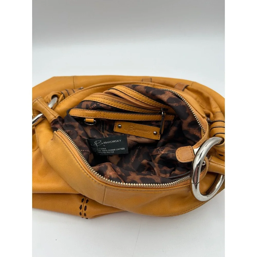 B. Makowsky Hobo Bag Women Large Mustard Yellow Leather Whipstitch Ring Handle